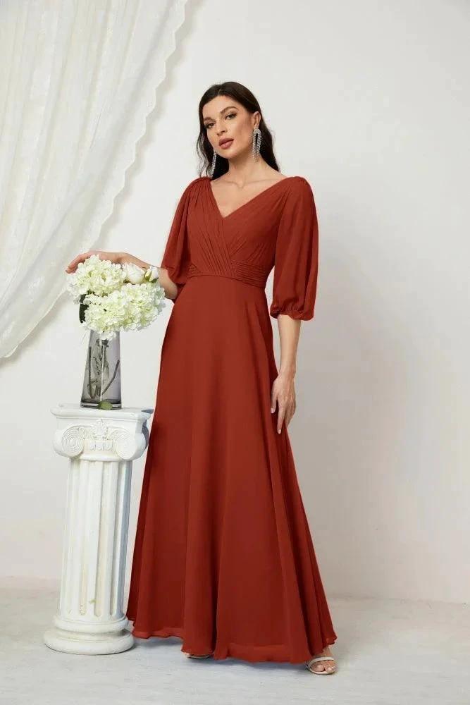 Numbersea Formal Prom Gown Women V-Neck Chiffon Bridesmaid Dresses Long Bishop Sleeve Party Dress 2807 by numbersea