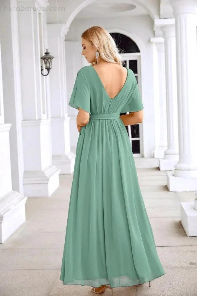 Ladies Chiffon Sleeve Crew Neck Front Slit Floor Length Bridesmaid Evening Dress Wedding Party Evening Dress 28124 (ZD17007)