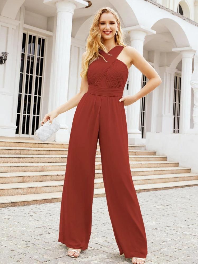 Numbersea Crisscross Neck Jumpsuit Formal Evening Dress Long Bridesmaid Dresses Bell-bottomed Pants 28033 by numbersea