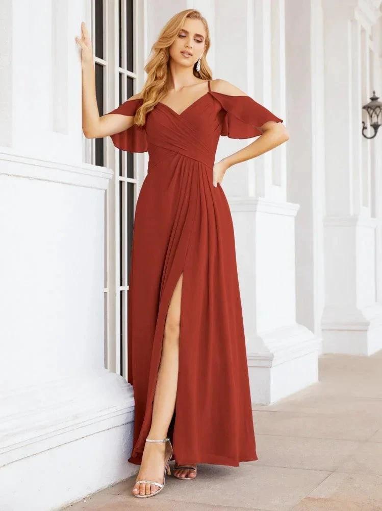 Numbersea Cold Shoulder Long Bridesmaid Dresses Side Slit Formal Prom Gowns Party Wedding 28070 by numbersea
