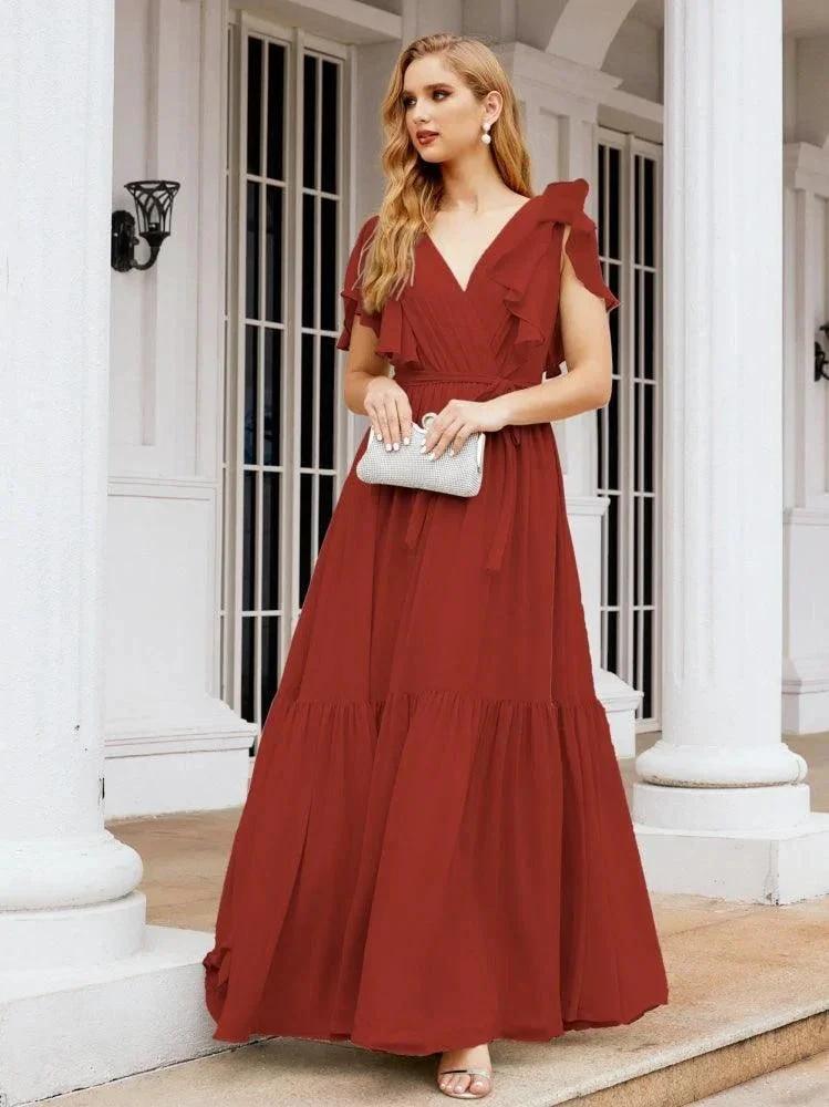 Numbersea Women's Open Back Formal Evening Party Prom Gowns V-Neck Long Chiffon Bridesmaid Dresses with Waist Belt 28038 by numbersea