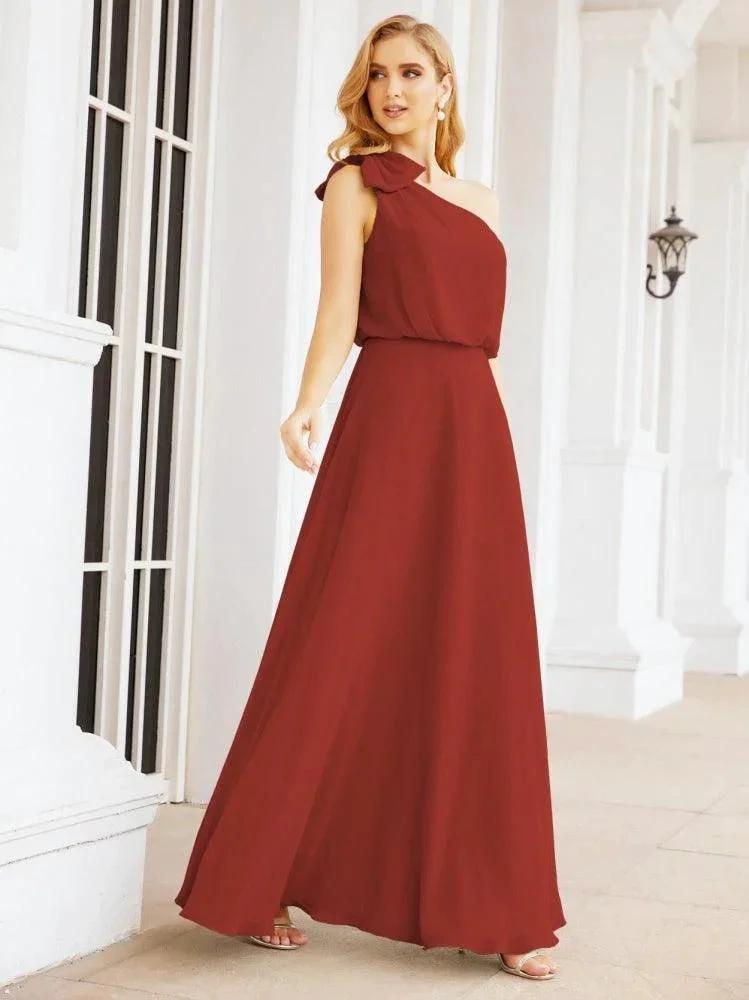 Numbersea Chiffon Ruffled One Shoulder Sleeveless Long Bride Dresses A-line Formal Evening Gown Side Split 28057 by numbersea