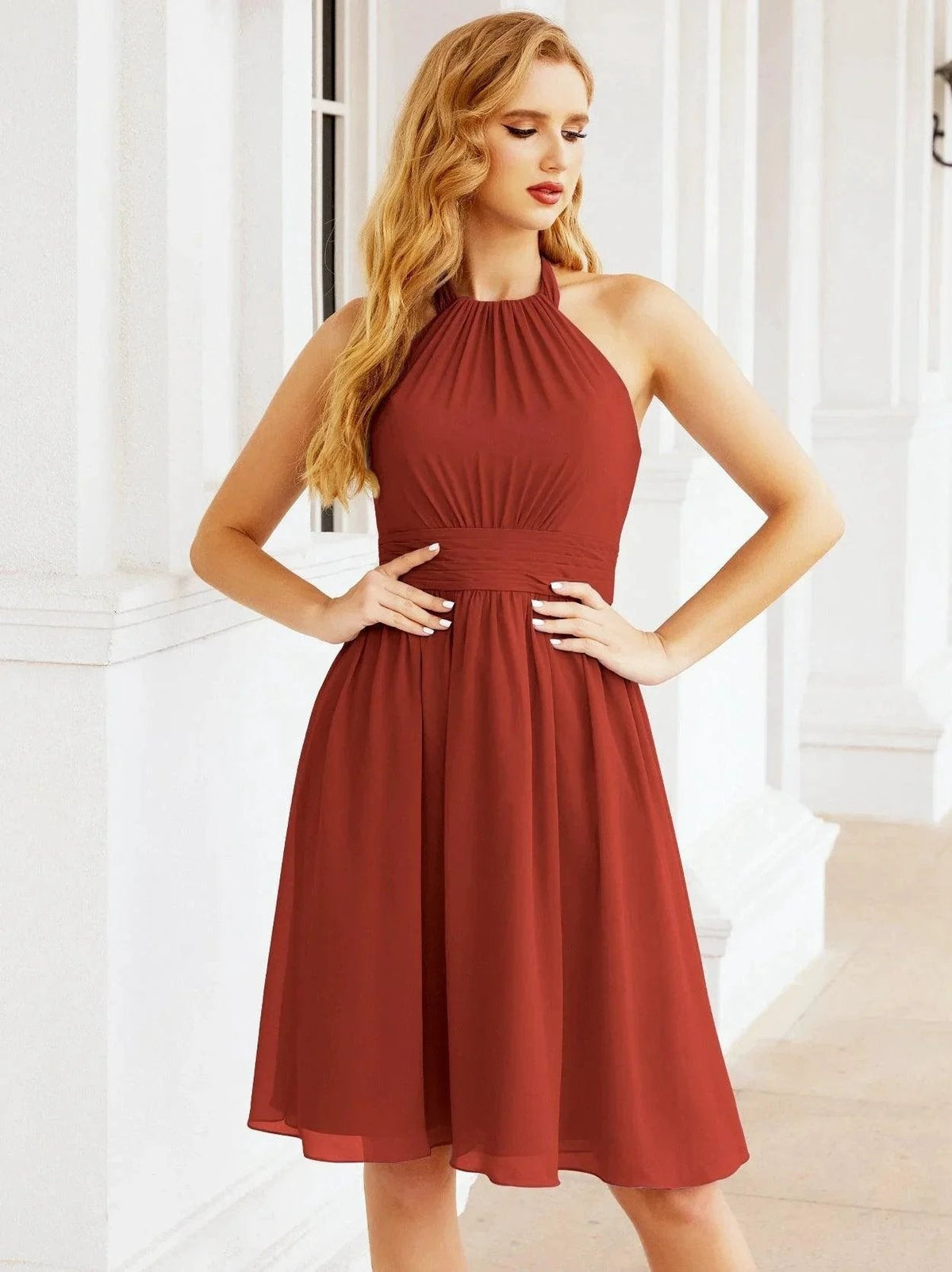 ZapDress Halter Chiffon Bridesmaid Dresses Short Sleeveless Formal Party Dress Open Back 28023 (ZD16957)