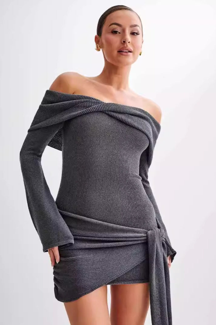 Sheer Spaghetti Strap Off-Shoulder Fitted Knit Maxi Sweater Dress - VelvetHem