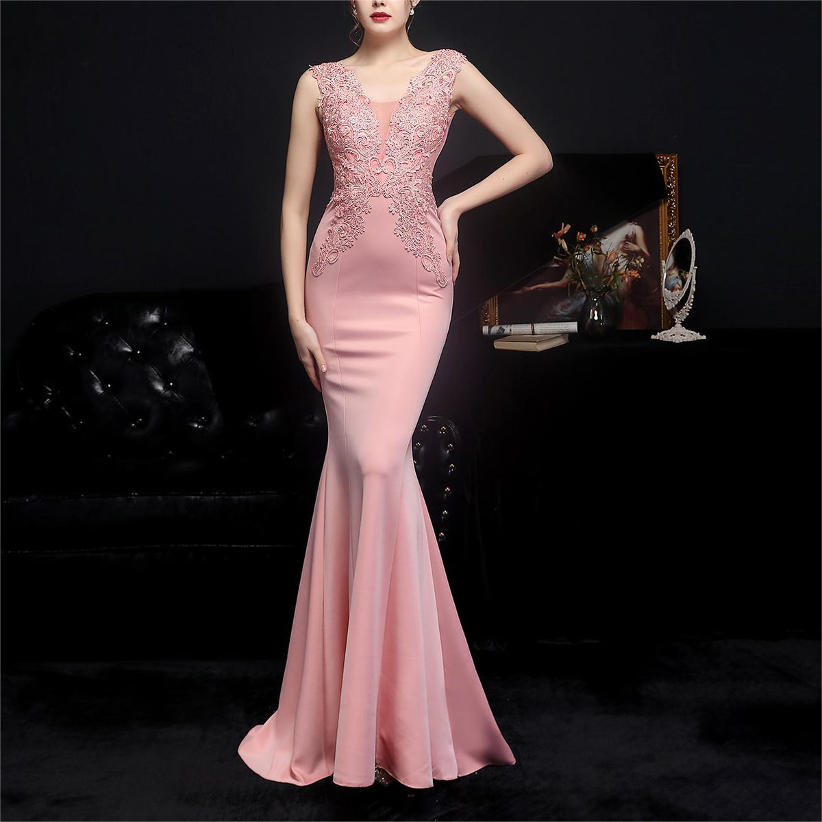 Full Lace European Diamond Toast Bride Fishtail Evening Dress - VelvetHem