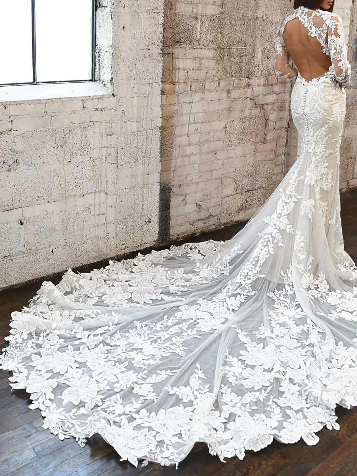 High Neck Long Sleeve Lace Mermaid Cutout Open Back Wedding Dress