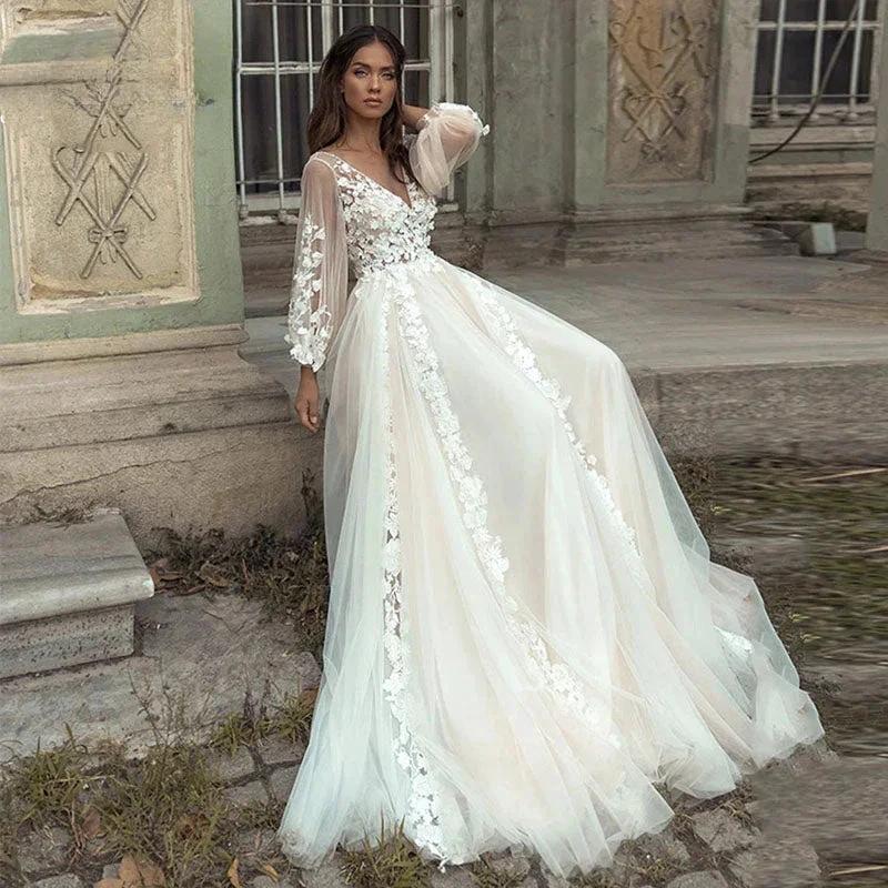Charming Long Puffy Sleeves Wedding Dresses A-Line V Neck Appliques Open Back Sweep Train Bridal Gown Custom Made by payinti