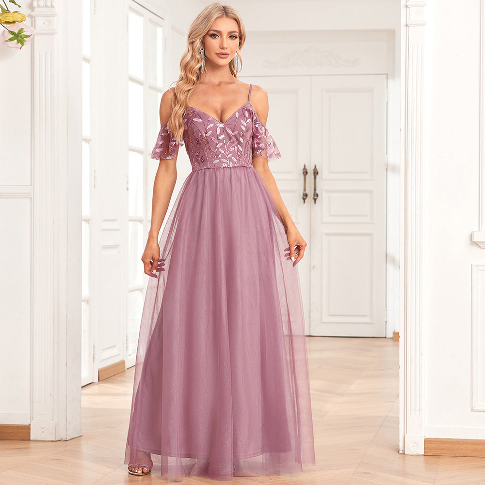 Women Elegant Off The Shoulder Strap Sleeve Double V Neck Tulle Stitching Embroidered Sequ A Swing Long Party Evening Dress - VelvetHem