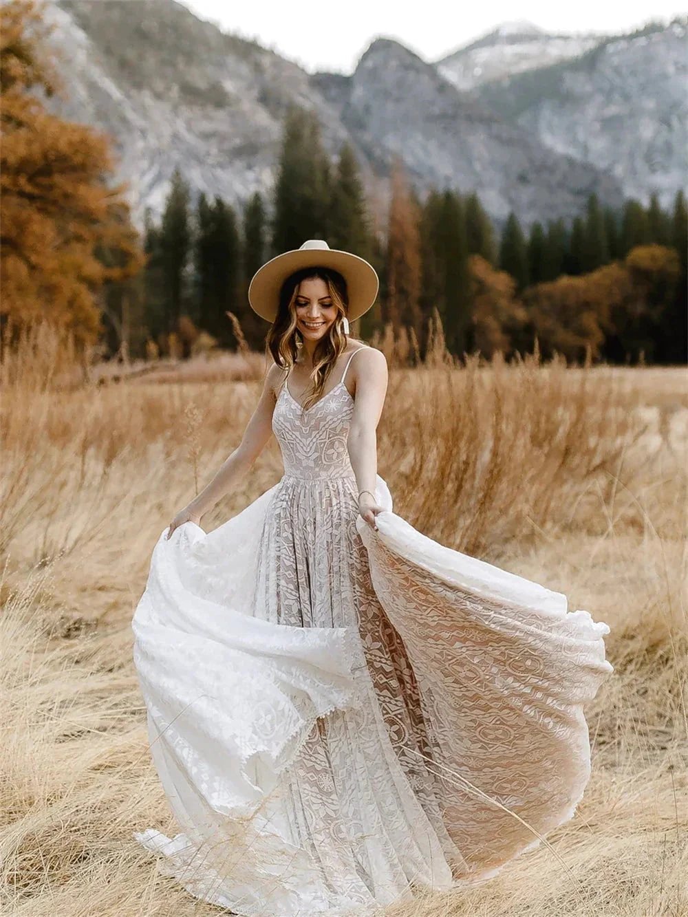 Straps Bohemian Wedding Dresses For Women Sleeveless V Neck A Line Beach Bride Dresses Romantic Boho Bridal Gown (ZD13494)