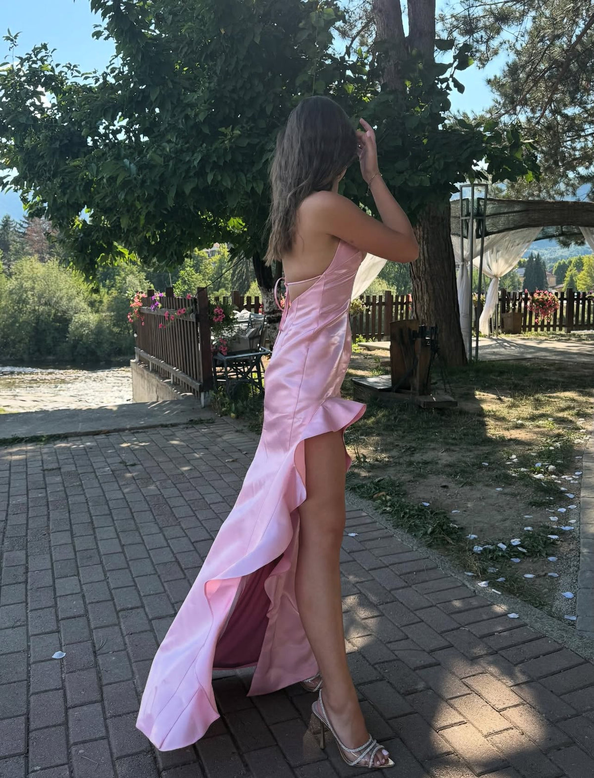 Backless Pink Long Prom Dress With Slit Ruffle Formal Dress J7847