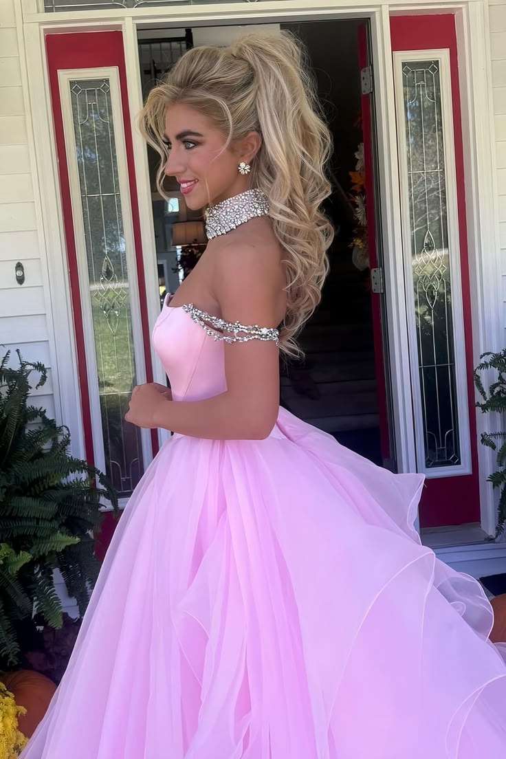 Charming A Line Off the Shoulder Pink Tulle Long Party Dress with Beading