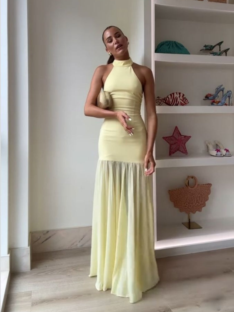 Tulle Hanging Neck Panel Evening Gown