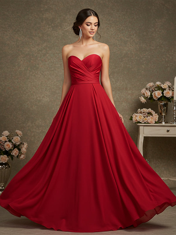 Elegant Formal Red Maxi Prom Dress Strapless Evening Gown - FashionDia
