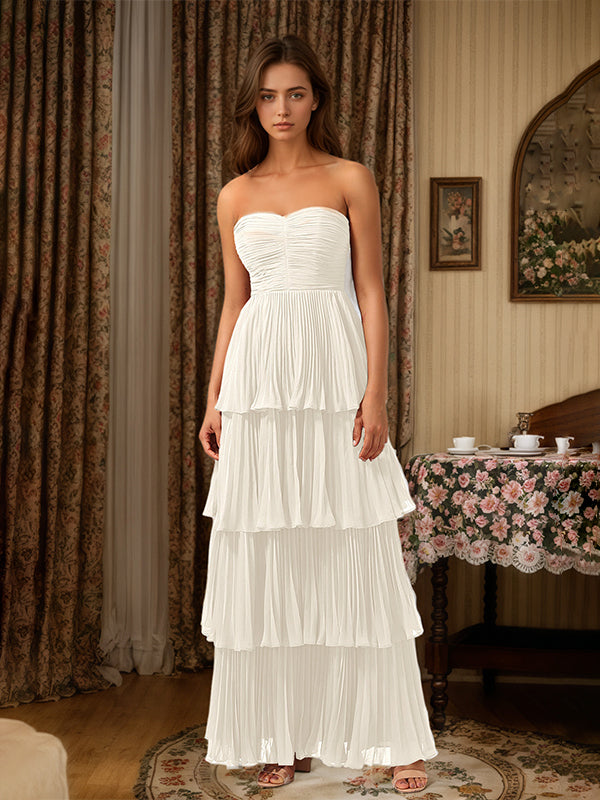Burgundy A-Line Sweetheart Floor-Length Tiered Chiffon Bridesmaid Dress