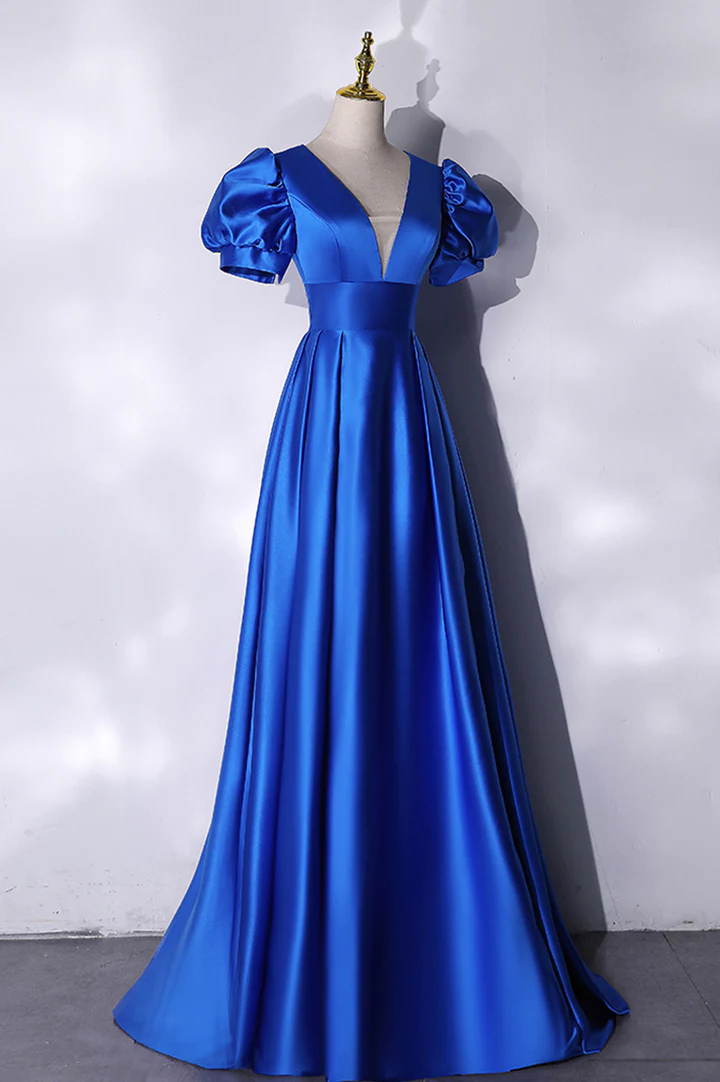 Blue satin long prom dress simple evening dress Y241 - View 2 | VelvetHem