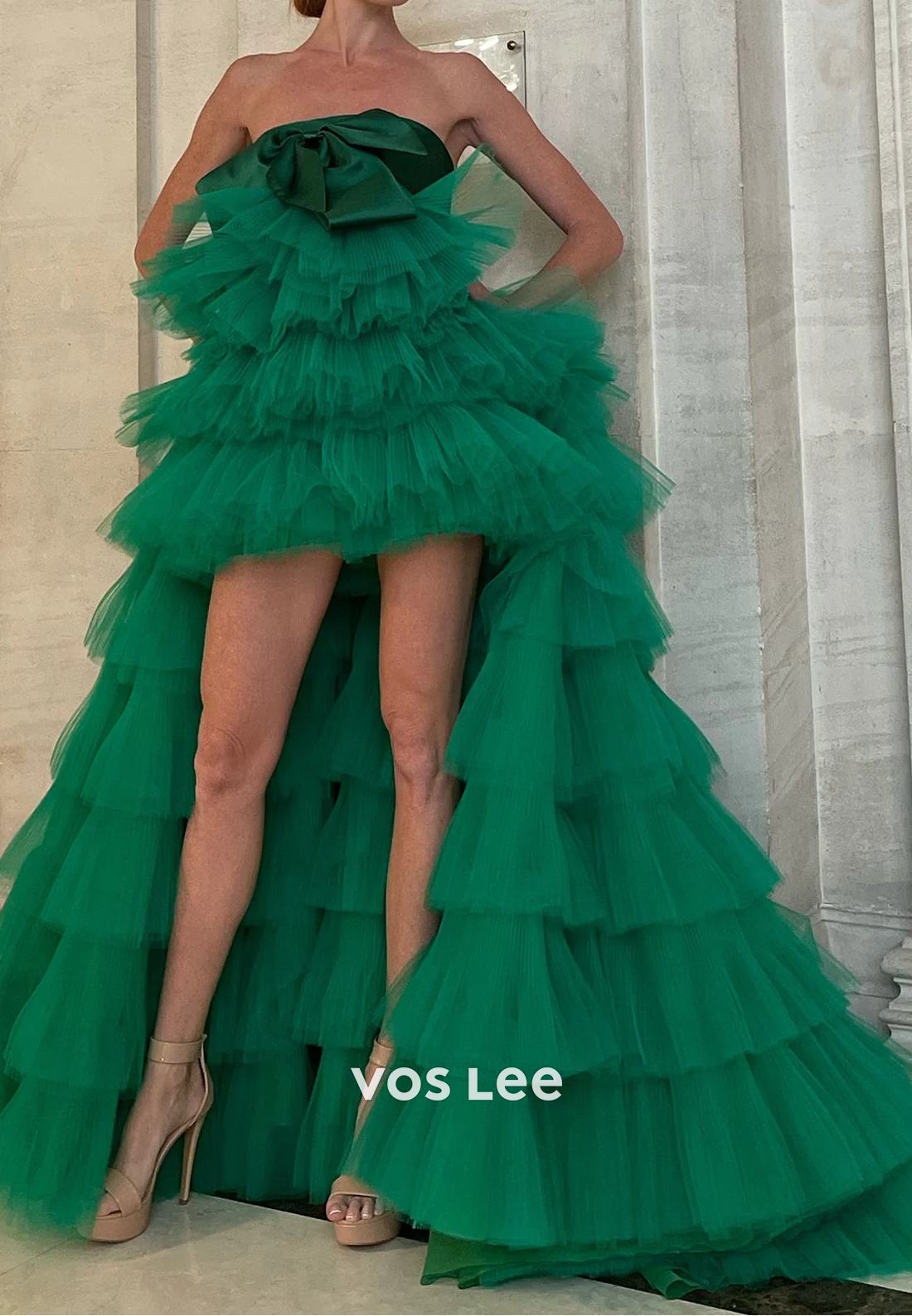 High Low Bows Tiered Long Holiday Prom Dresses with Court Train