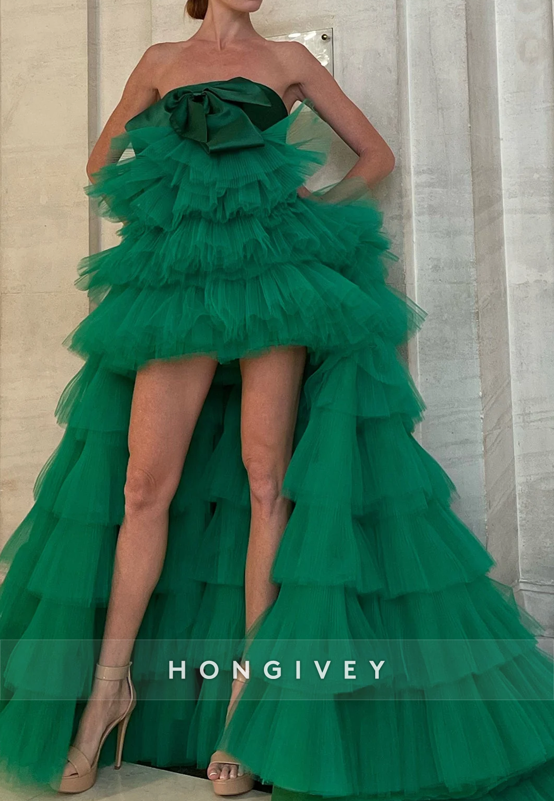 High Low Bows Tiered Long Holiday Prom Dresses with Court Train
