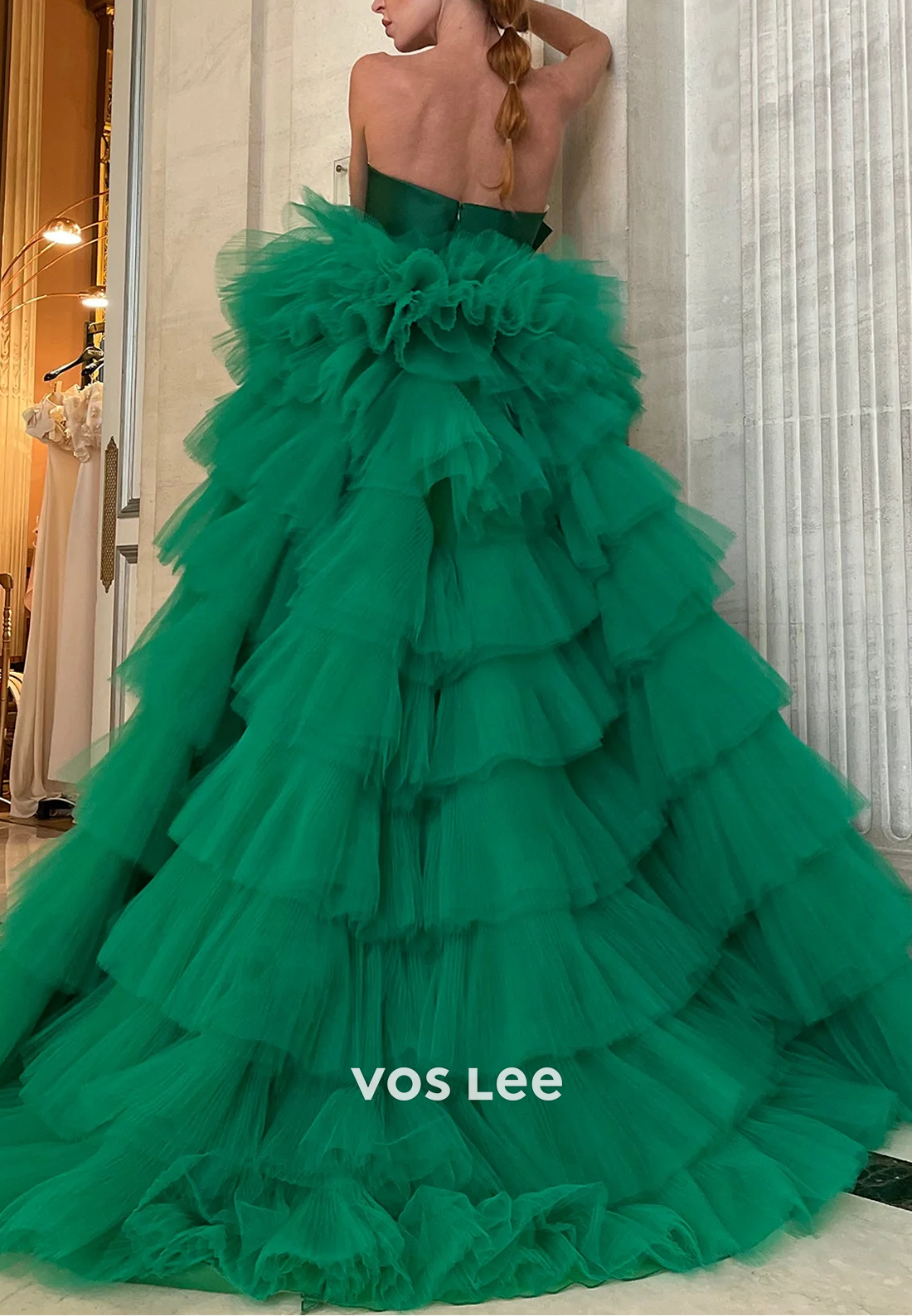 High Low Bows Tiered Long Holiday Prom Dresses with Court Train