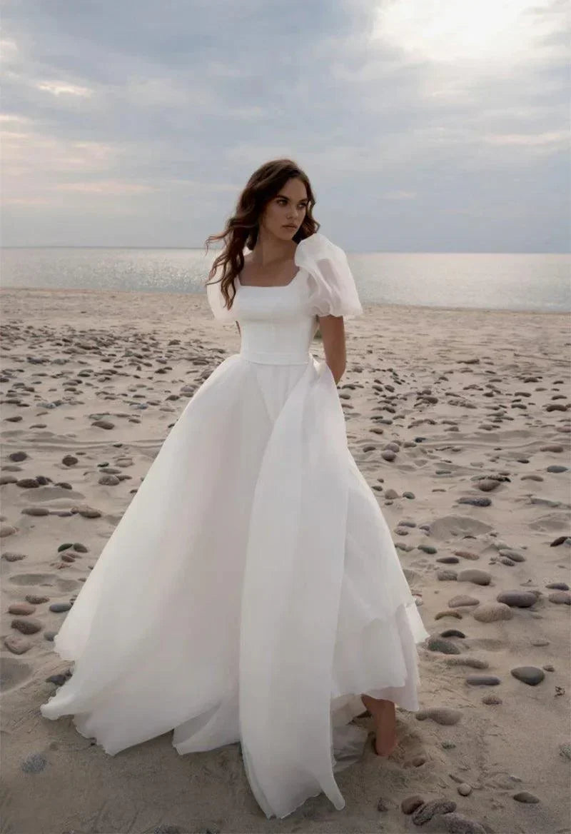 Wedding Dresses Charming A-Line Square Neck Short Sleeves with Train - View 2 | VelvetHem