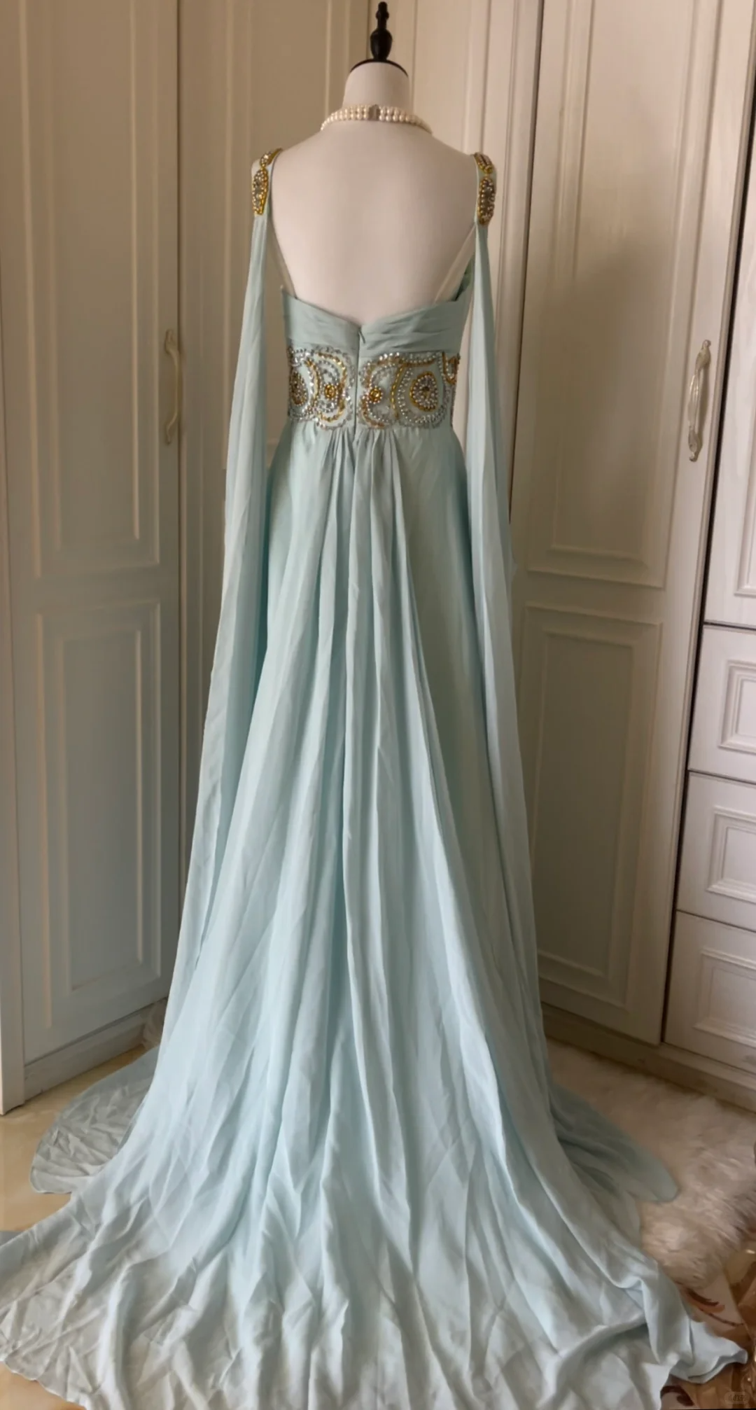 A Line Blue Chiffon Evening Dress Beaded Formal Party Dress J8033