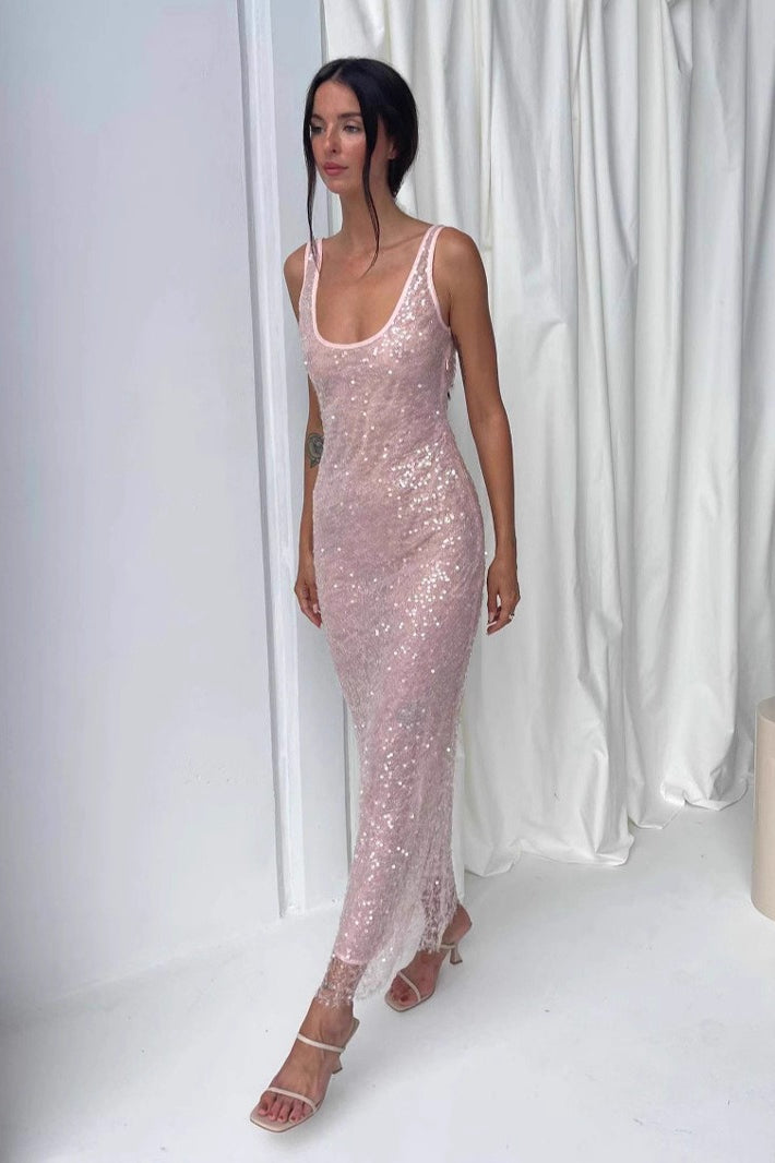 Sleeveless Rhinestone Vintage Suspender Sequin Dress - View 3 | VelvetHem