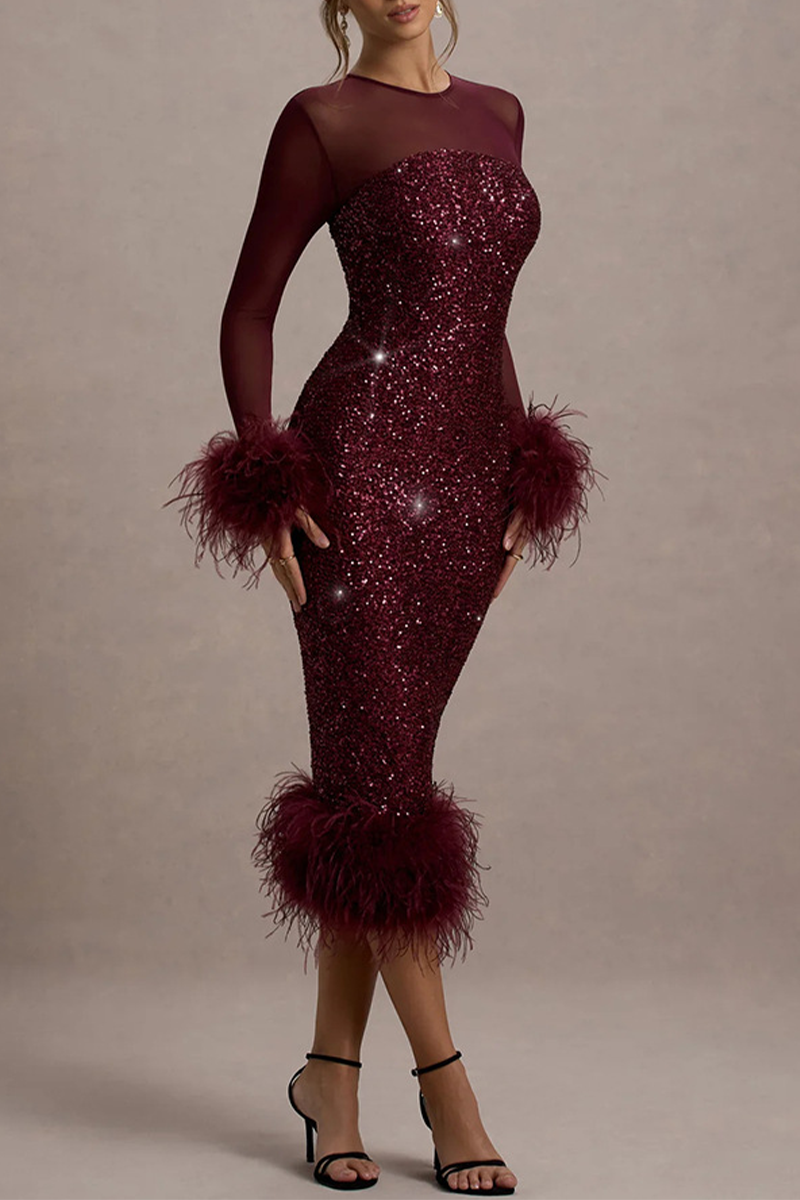 Sexy Party Sequins Feather Trim O Neck Evening Dresses - View 7 | VelvetHem