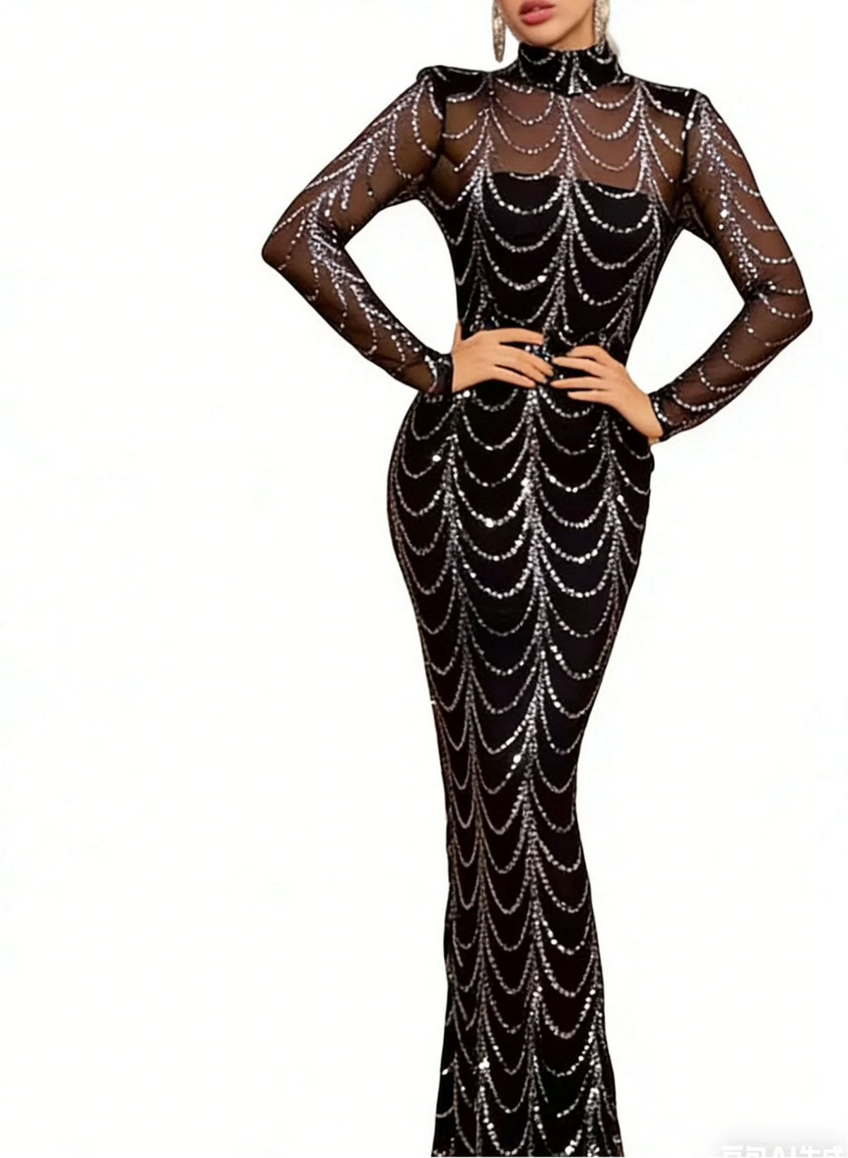 Black Silver Sequin Turtleneck Mesh Long Sleeve Mermaid Dress Evening Gown (ZD16759)