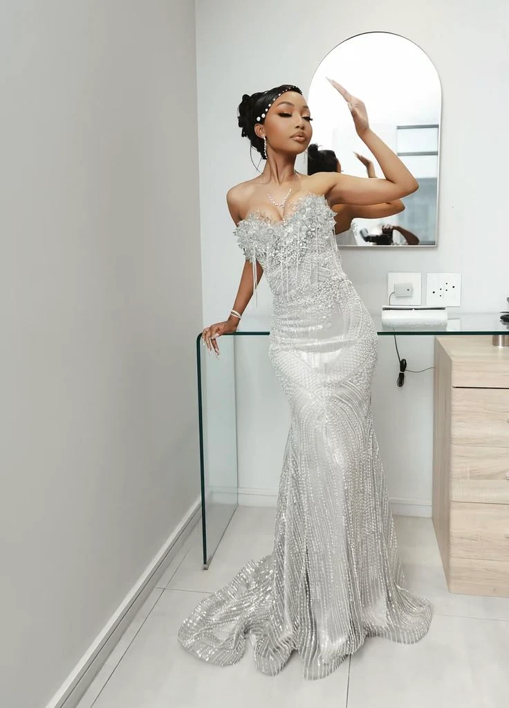 Sparkly Sweetheart Neck Silver Satin Tulle Beaded Mermaid Long Party Dress Evening Dress D4876