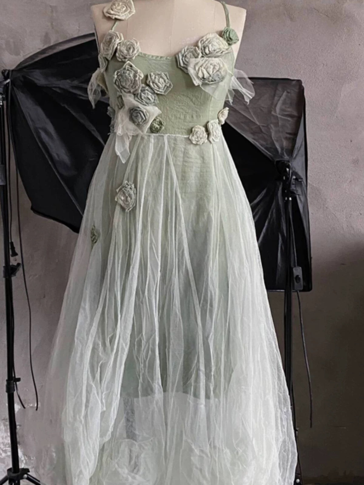 Modest A line Spaghetti Straps Floral Green Prom Dresses Birthday Dress For Women