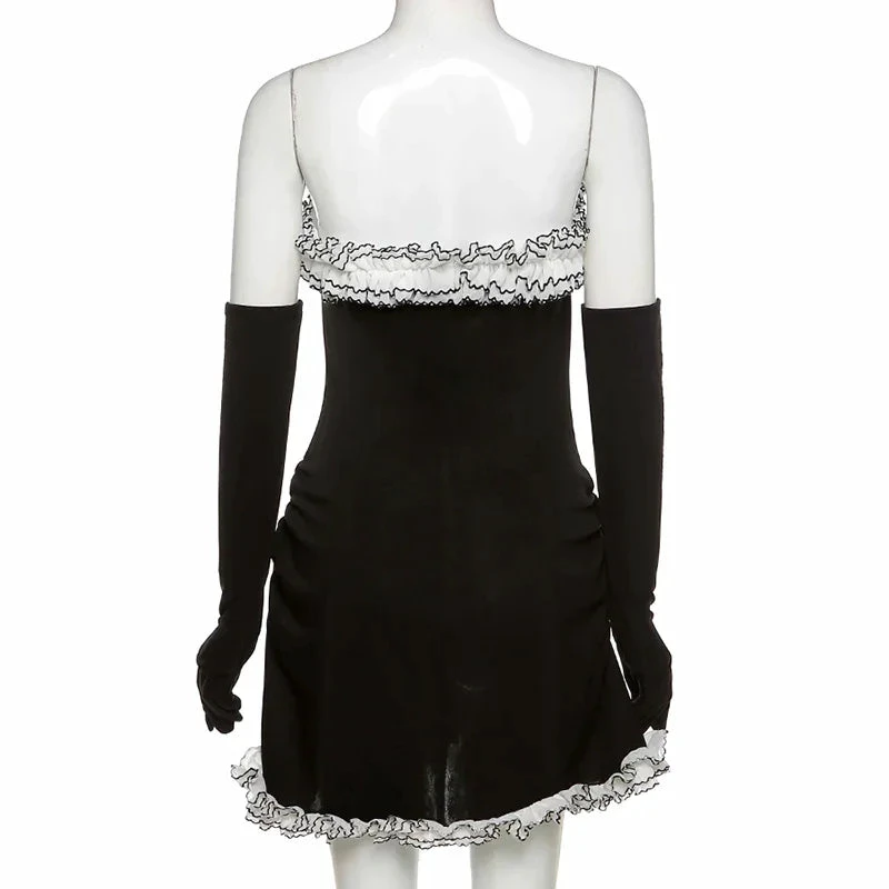 Black Party Tube Skirt Irregular White Ruffle Bandage Dress Black Homecoming Dress (ZD11947)