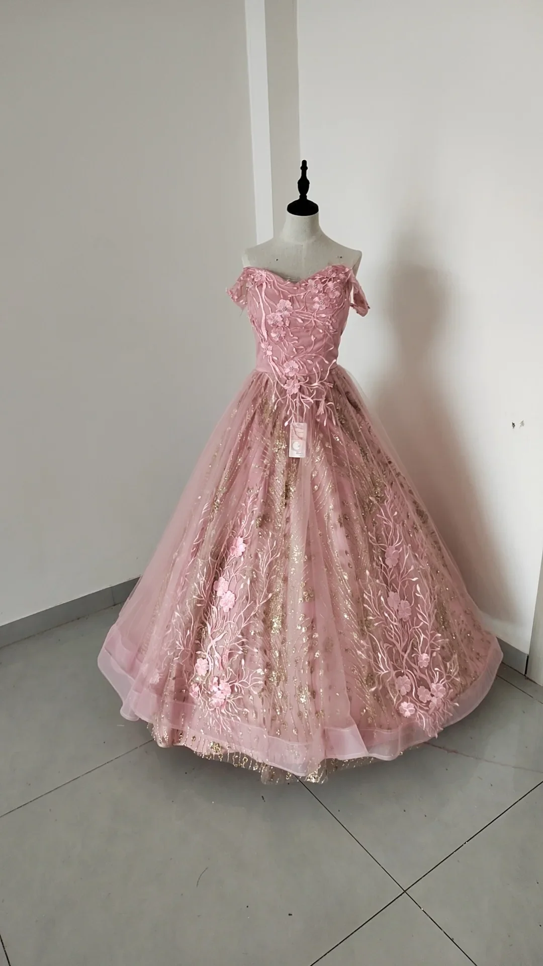 Sweet Pink Tulle Lace Appliques Ball Gown,Off The Shoulder Quinceanera Dress