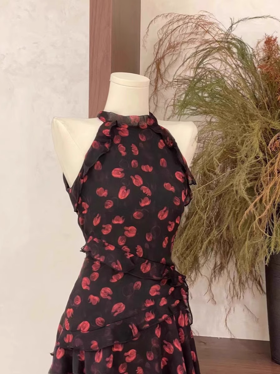 Burgundy Print Floral Chiffon Sleeves Short Holiday Dress Party Dress - View 2 | FashionDia