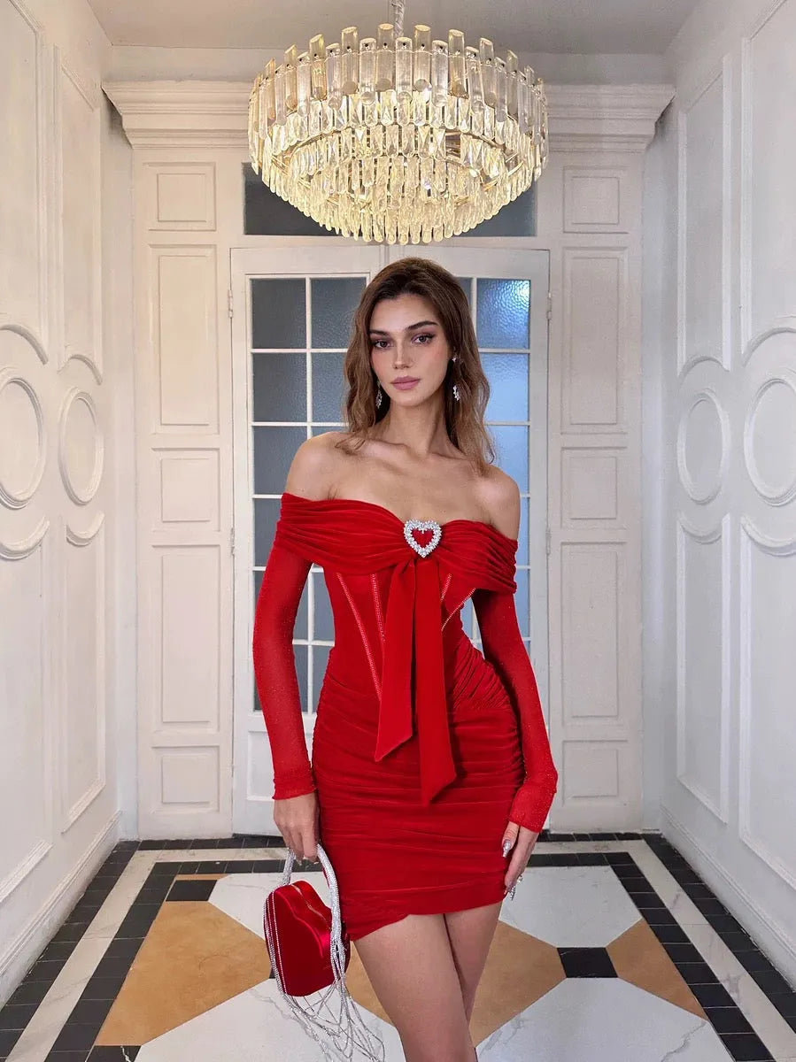 Fashion Red Mermaid Prom Dress Strapless Off The Shoulder Pleated Long Sleeve Above Knee Evening Dress robes de soirée