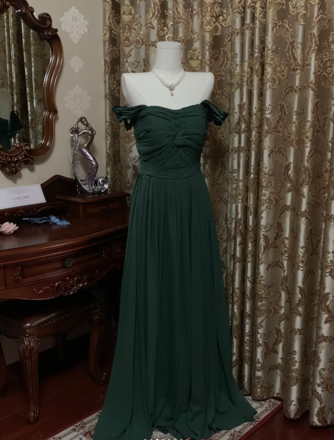 Vintage Green Off-the-Shoulder Satin Pleated Long Wedding Guest Dress Party Dress Prom Gown - View 3 | FashionDia