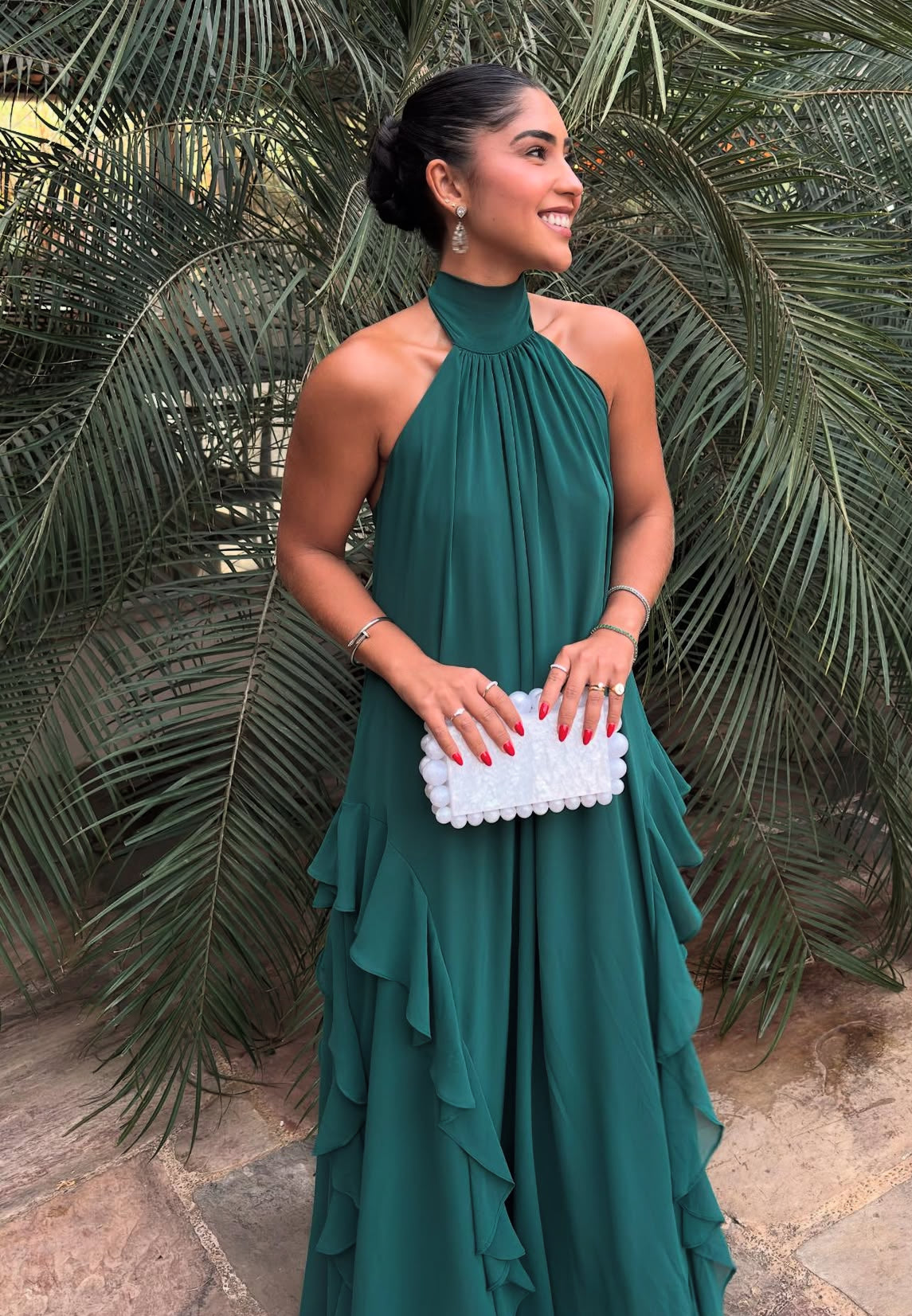 Halter A Line Green Long Evening Dress Ruffle Chiffon Prom Dress J8031
