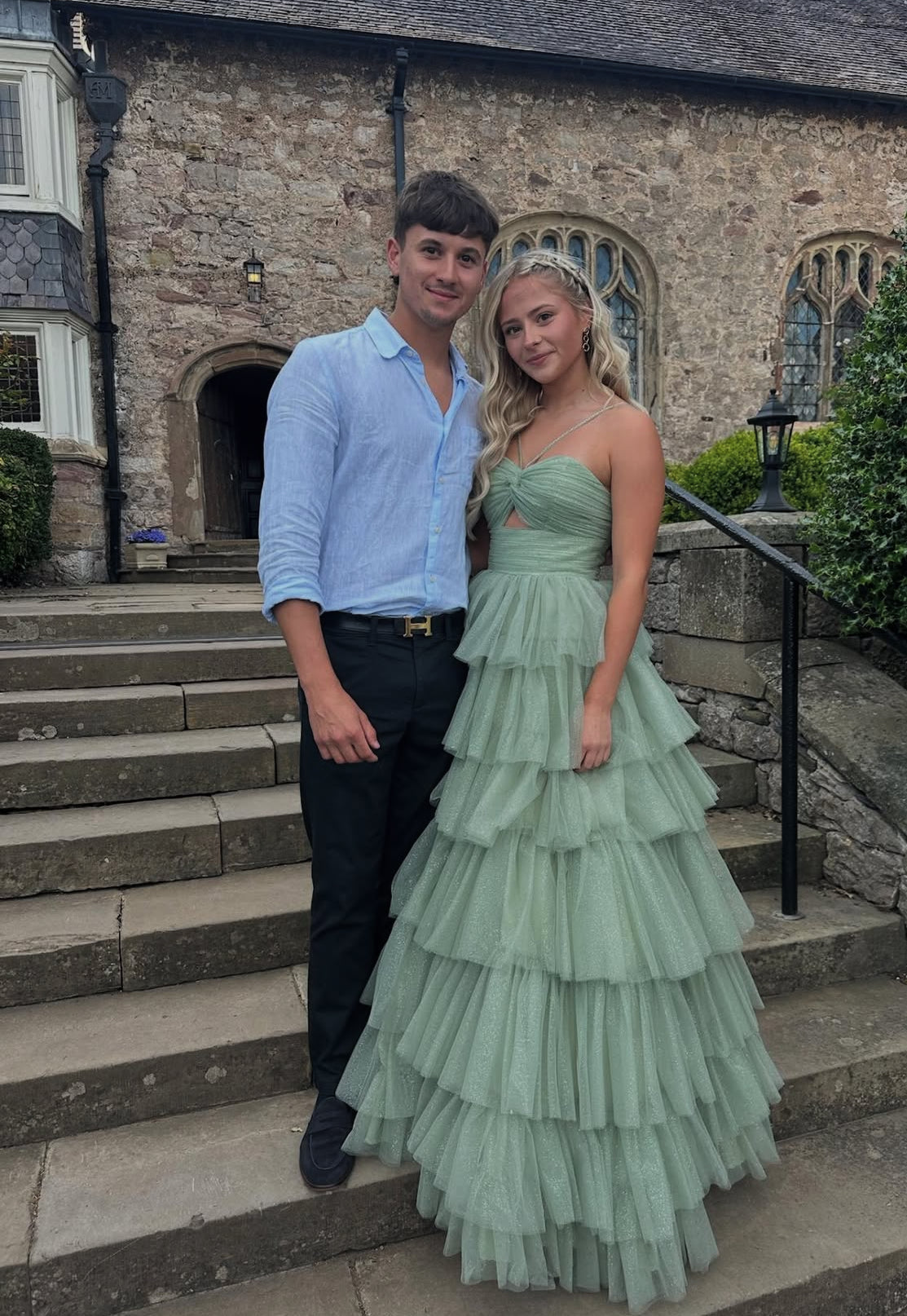 A-Line Green Long Prom Dress Tiered Graduation Dress