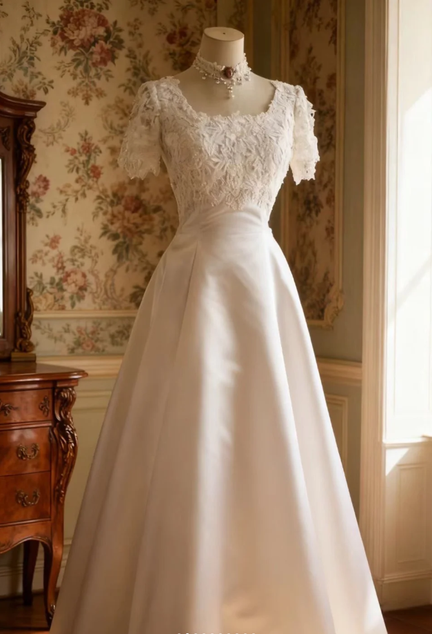 Classy Lace Appliques Satin A-Line White Long Wedding Dress - View 5 | FashionDia