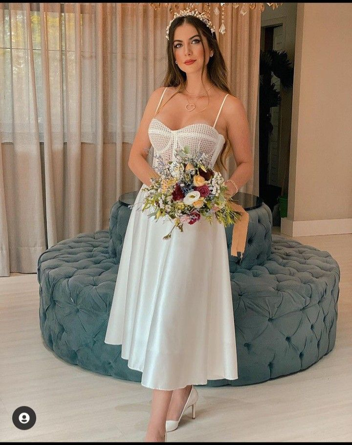 A-Line White Midi-length Wedding Dress,White Engagement Dress - FashionDia