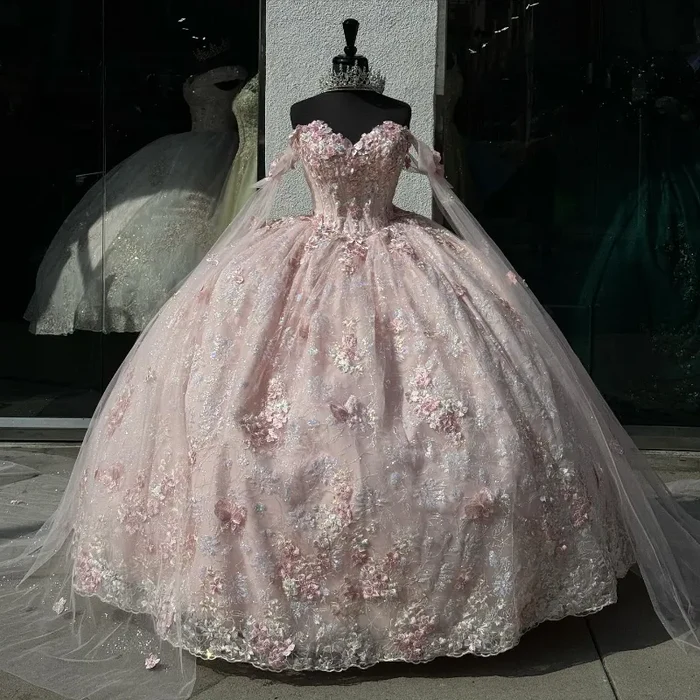 Pretty Pink Off-the-Shoulder Tulle Lace Appliques Quinceanera Dress Sweet 16 Dress With Bow - View 5 | FashionDia