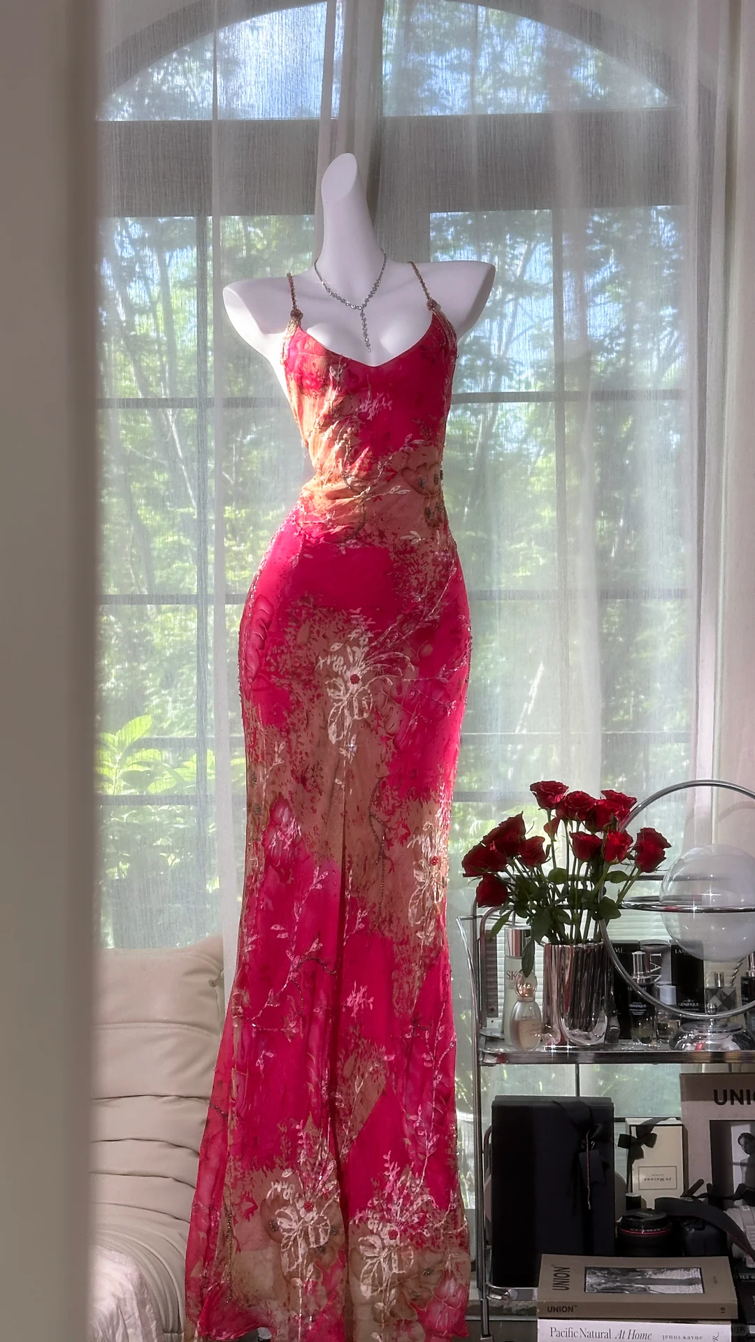 Pretty Spaghetti Straps Red Chiffon Printed Floral Beaded Mermaid Evening Dress Long Prom Gown - View 2 | FashionDia