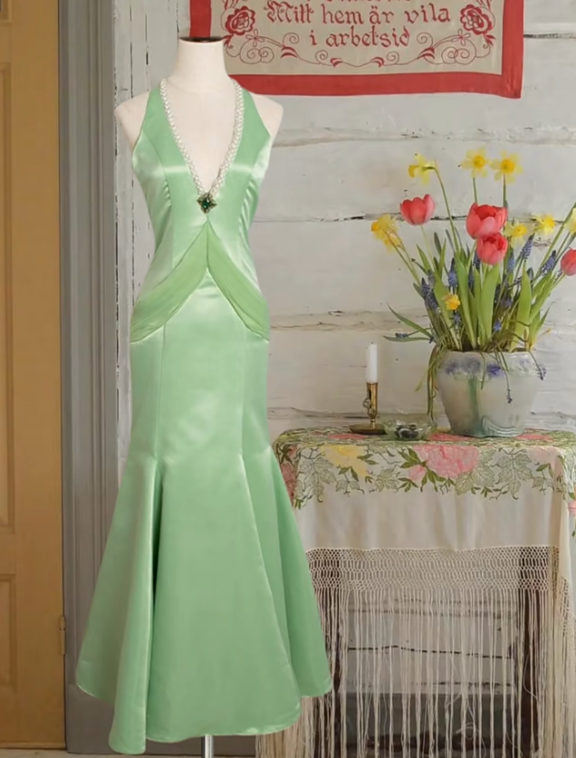 Unique Pastel Green Halter V-Neck Satin Beaded Mermaid Evening Dress Long Prom Dress - FashionDia