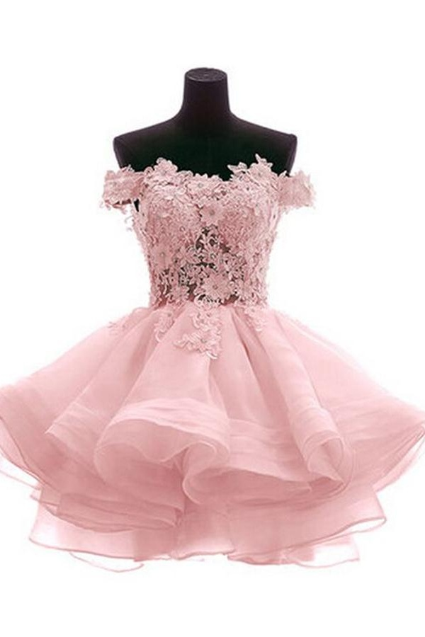 White sweetheart lace applique short cute white homecoming dress Off-the-Shoulder Organza Short Lace Applique Teen Formal Dress - View 7 | FashionDia