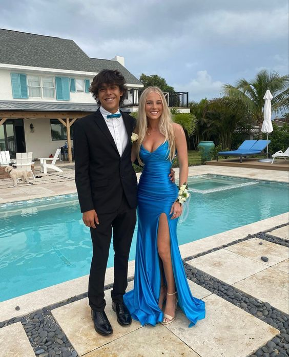 Elegant Blue V-Neck Prom Dress With Split,Blue Formal Dress - FashionDia