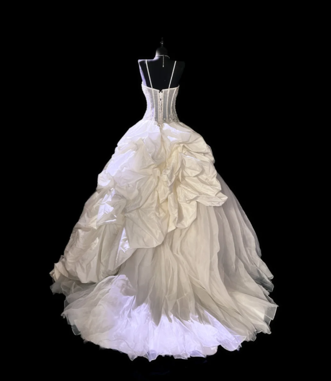 Pretty Spaghetti Straps Tulle Satin Pleated Beaded White Formal Wedding Dress - View 4 | FashionDia
