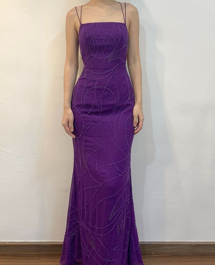 Pretty Spaghetti Straps Mermiad Beaded Evening Dress Purple Long Party Prom Dress - FashionDia
