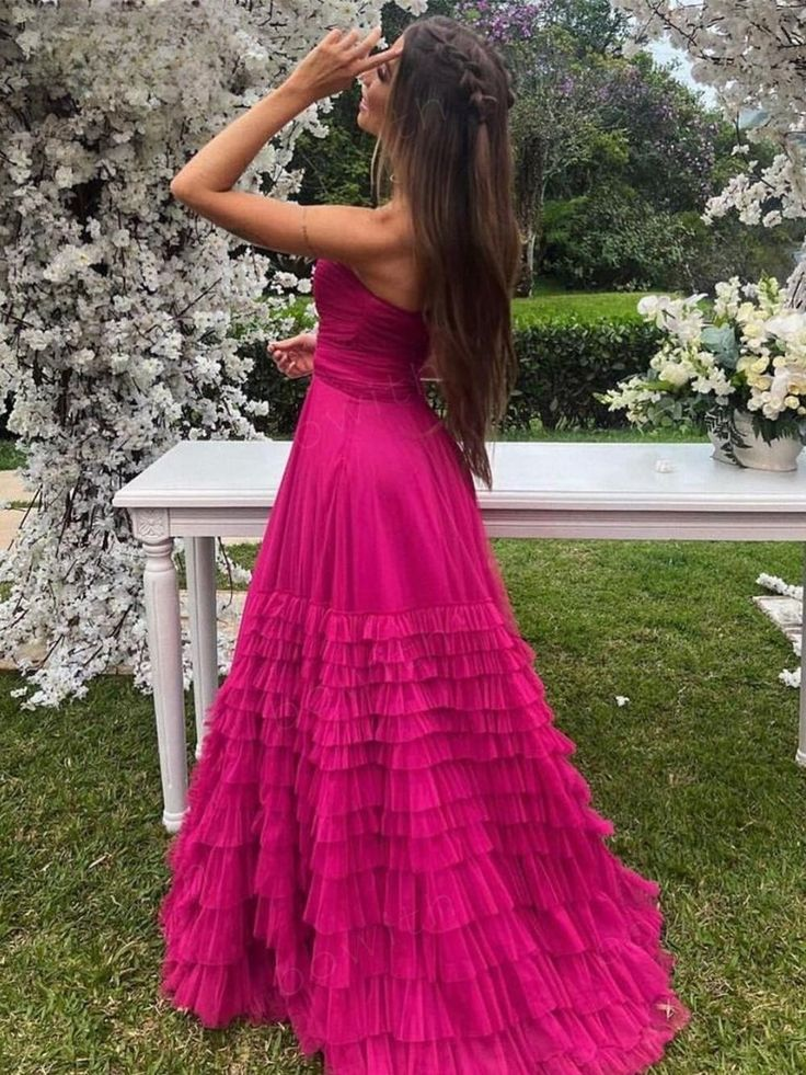Pink Sweetheart Multilayer Prom Dress Strapless A-line Tulle Maxi Dress