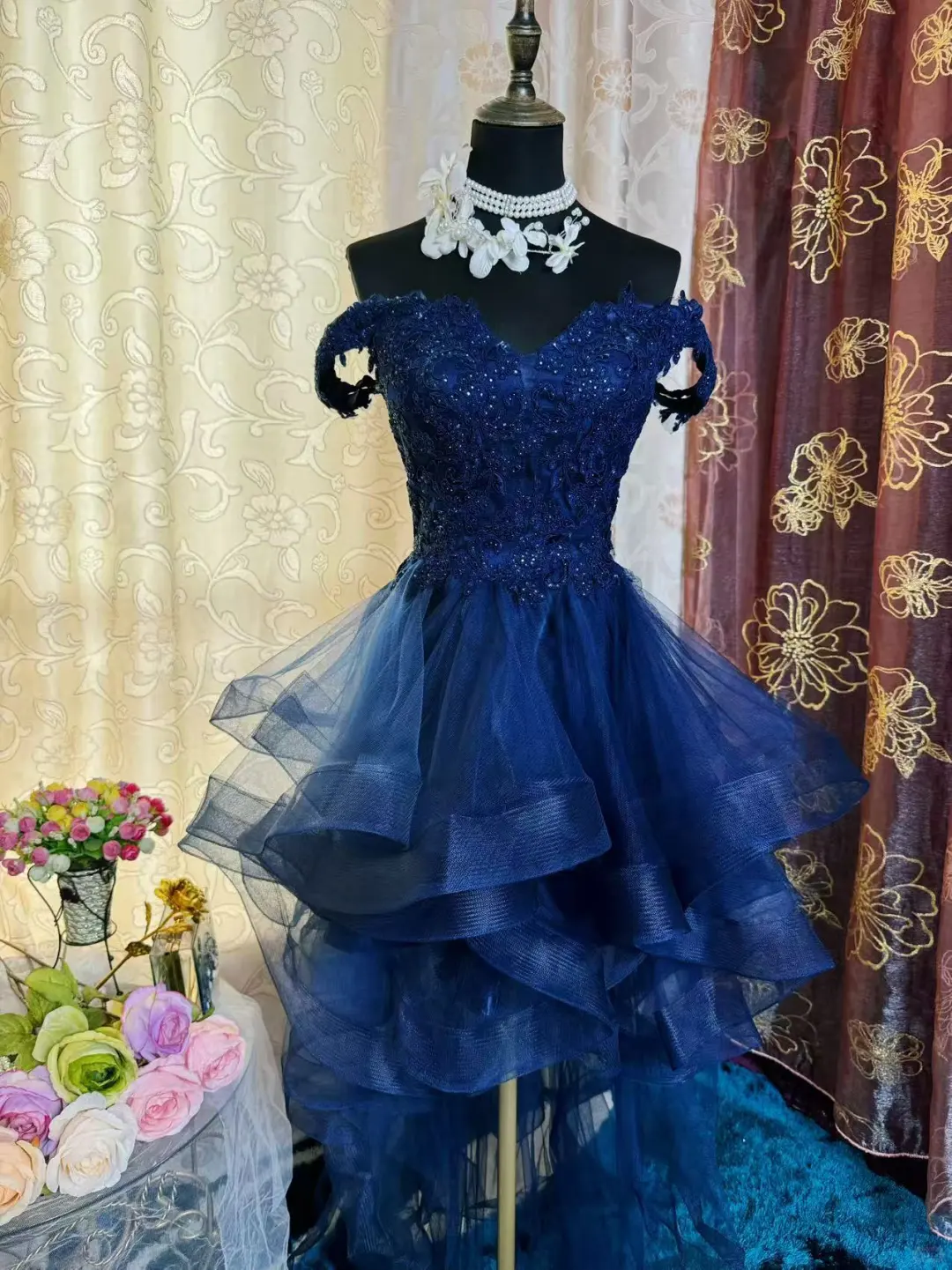 Vintage Navy Blue Tulle Appliques A-Line Short Homecoming Dress Off-the-Shoulder 19th Birthday Outfits - FashionDia