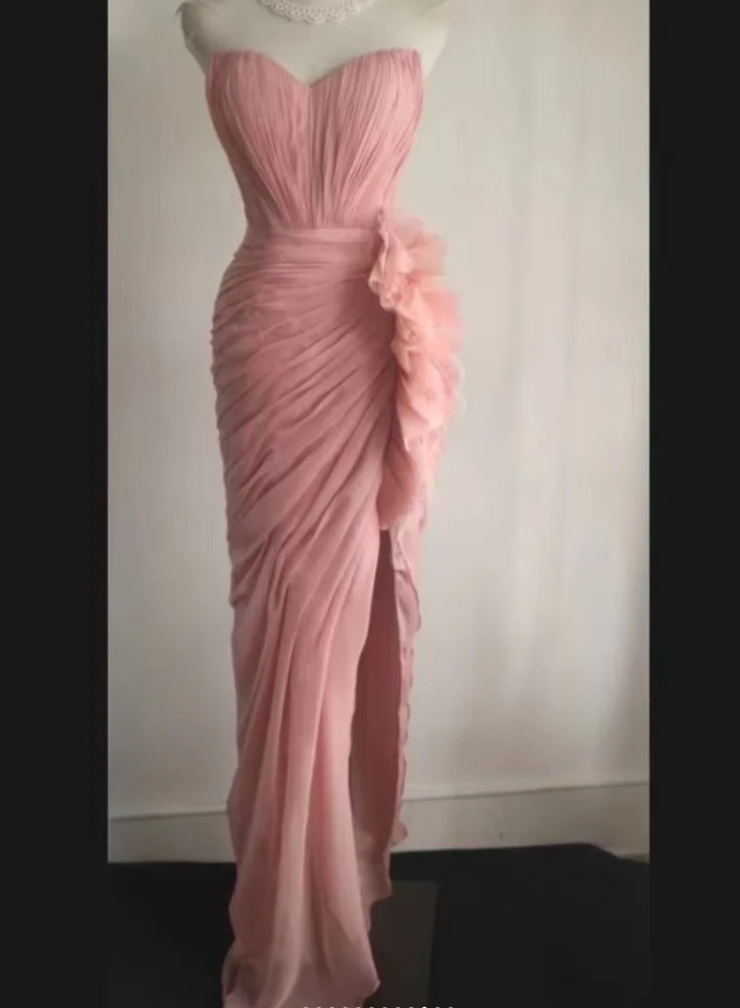 Pretty Pink Strapless Chiffon Pleated Slit Long Party Dress Evening Dress - View 2 | FashionDia