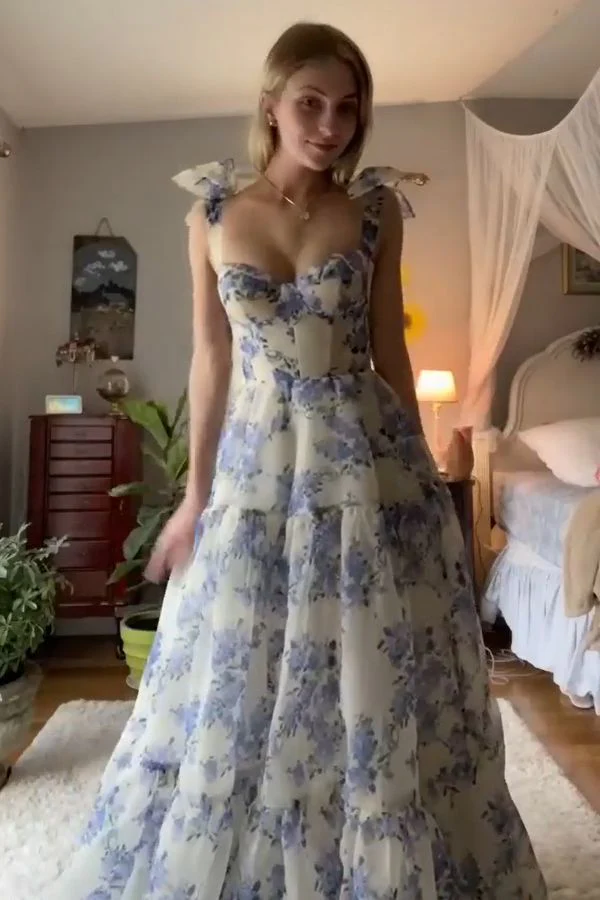 A-line Blue Floral Print Long Prom Dress Blue Evening Dress Y2560 - View 4 | VelvetHem