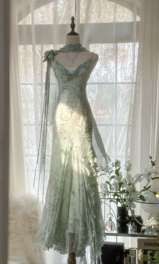 Elegant Spaghetti Straps Chiffon Beaded Ruffle Prom Dress,Mermaid Party Evening Dress
